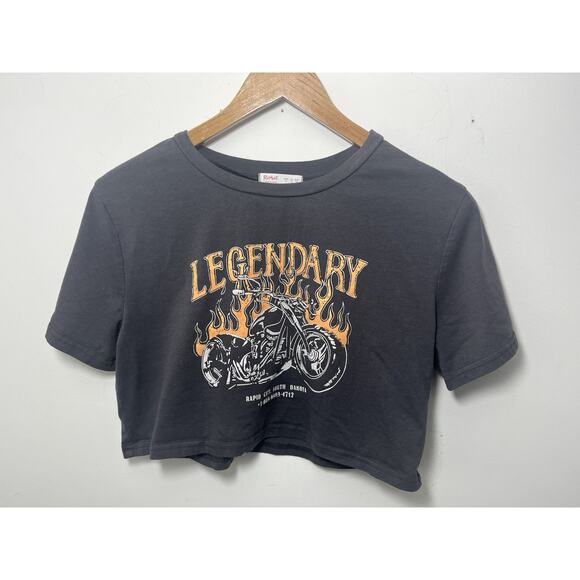 Romwe Gray T-shirt Graphic Unisex Small Motorcycle Biker Harley Flame Cropped - Picture 1 of 4